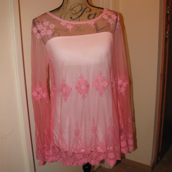 Pink Sheer Lace Bohemian Mesh Top - Picture 1 of 7